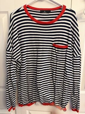 Lilly & Sid Navy and White Striped Sweater with Red Trim